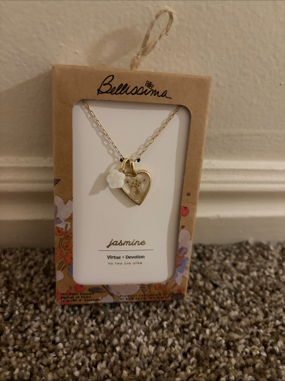 Jasmine Encased in Resin Gold Heart Necklace with White Flower Accent